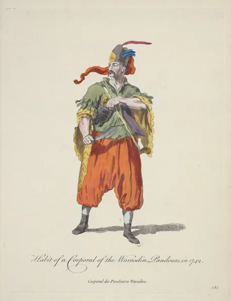 Habit of a corporal of the Warasdin Pandours in 1742. Carporal des Pandoures Waradins. av Charles Grignion