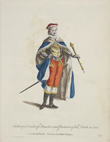 Habit of a count of Flanders and protector of the Dutch in 1582. av Charles Grignion