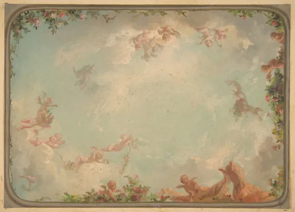 Design for a ceiling painted with putti in clouds with roses av Jules-Edmond-Charles Lachaise