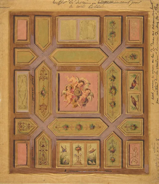 Design for a paneled ceiling painted with putti, birds, and floral motifs on tracing paper; mounted on wove paper av Jules-Edmond-Charles Lachaise