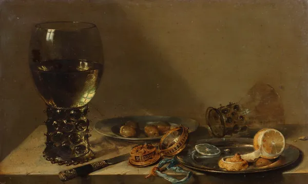 A large roemer, a silver knife, a gold pocket watch with blue ribbon, a pewter plate with a peeled lemon, with other objects on a ledge av Willem Claesz Heda
