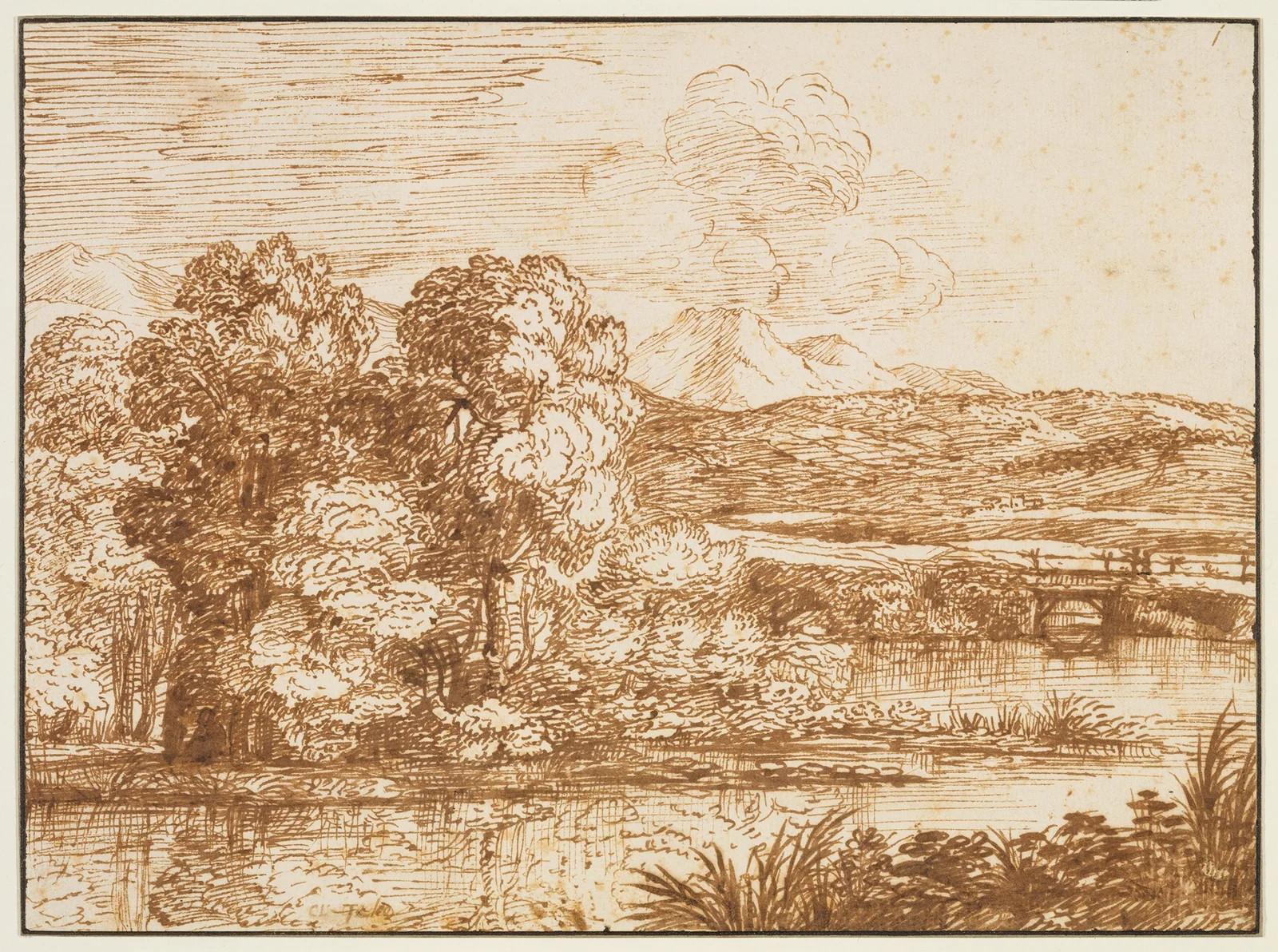 Landschaft mit Baumgruppe am Wasser av Claude Lorrain