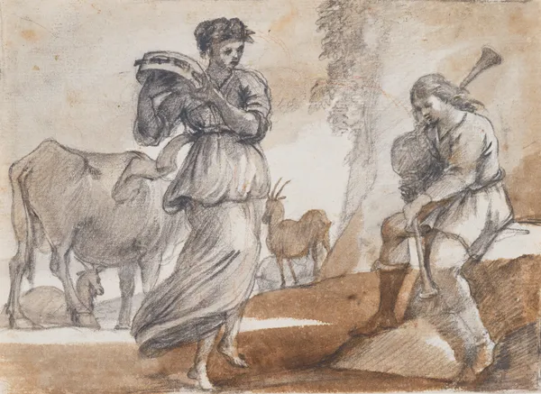 Tänzerin mit Tamburin und Dudelsackspieler av Claude Lorrain