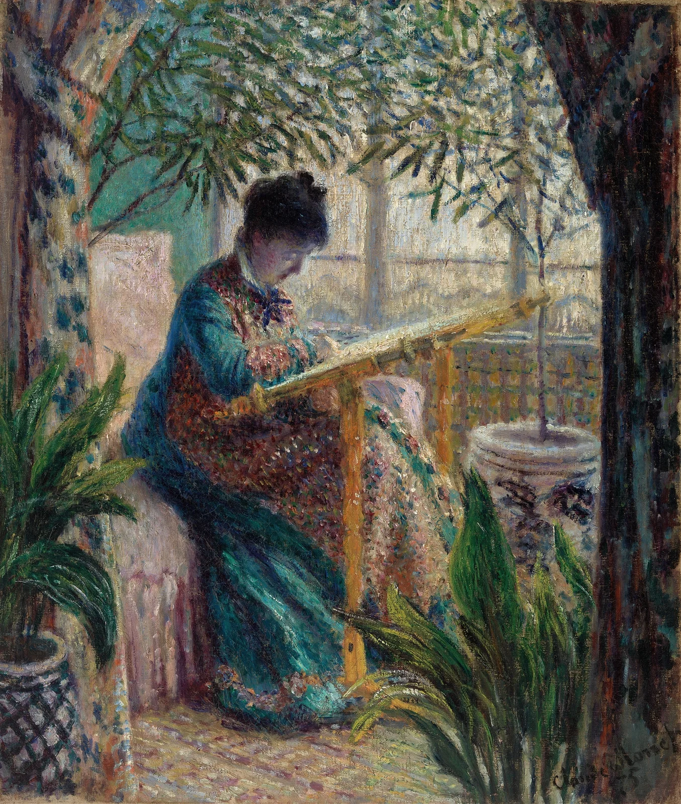 Madame Monet Embroidering (Camille au métier) av Claude Monet
