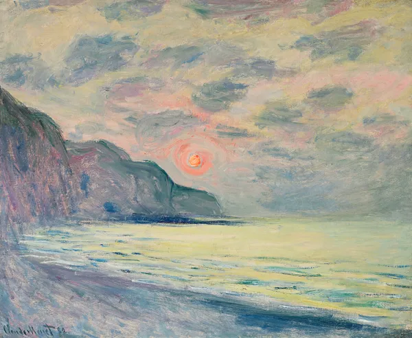 Soleil couchant, temps brumeux, Pourville av Claude Monet
