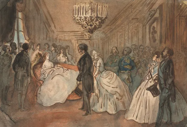 The Empress Eugénie Receiving the Diplomatic Corps after the Birth of the Imperial Prince av Constantin Guys