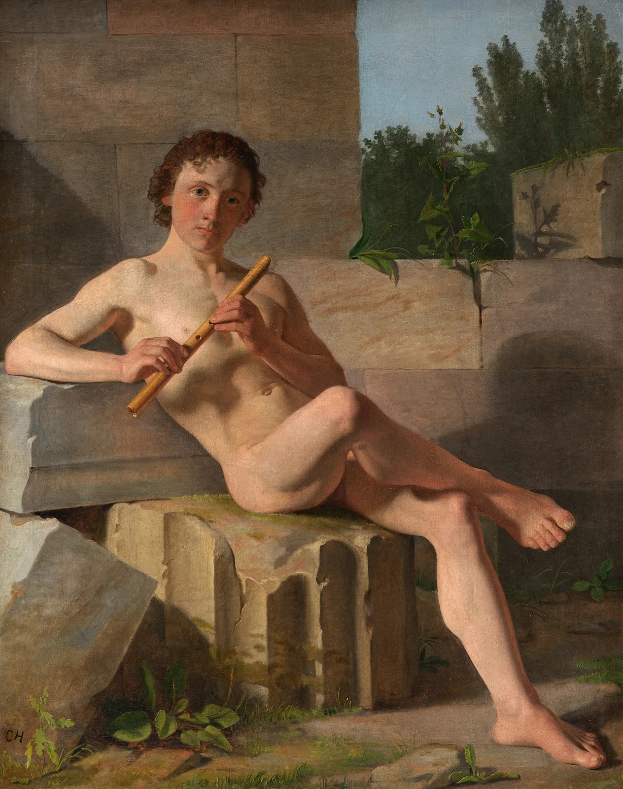 A Male Model Playing Flute (from 1826 until 1827) av Constantin Hansen