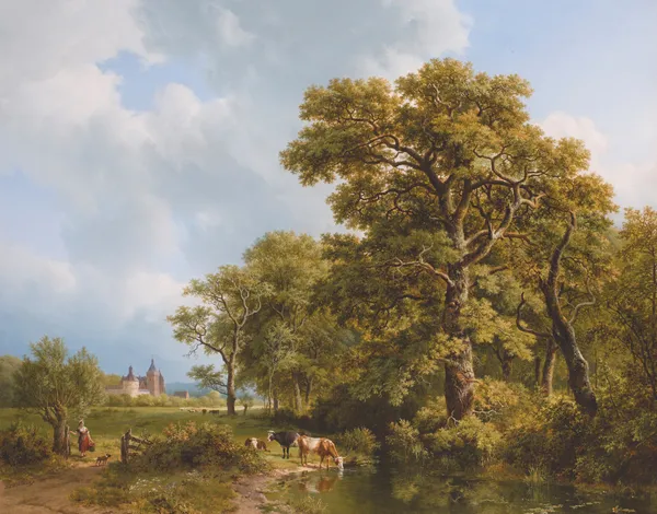 A Summer Landscape With cows Watering, A Castle In The Distance av Barend Cornelis Koekkoek