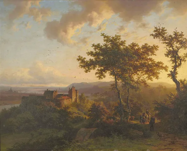 Paysage boisé avec un château av Barend Cornelis Koekkoek