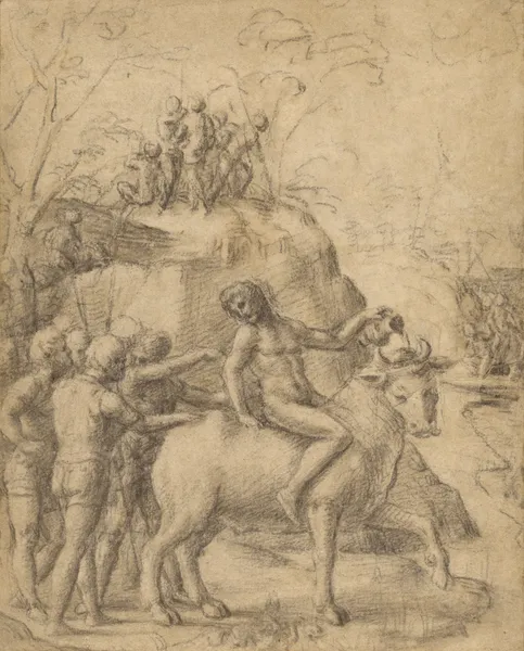 A Man Riding a Bull, and Other Figures av Correggio