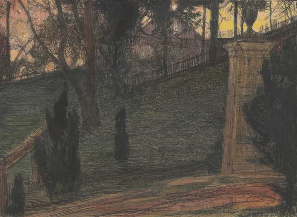 Fragment of a garden with an urn on a pedestal av Feliks Jabłczyński
