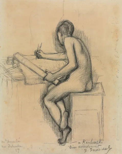 Study of a Seated Nude Female Model Drawing av Pierre Puvis de Chavannes