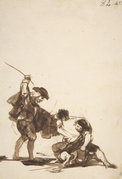A man with a raised whip breaking up a fight between two figures av Francisco de Goya