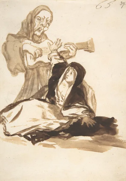 A nun frightened by a ghost playing a guitar av Francisco de Goya