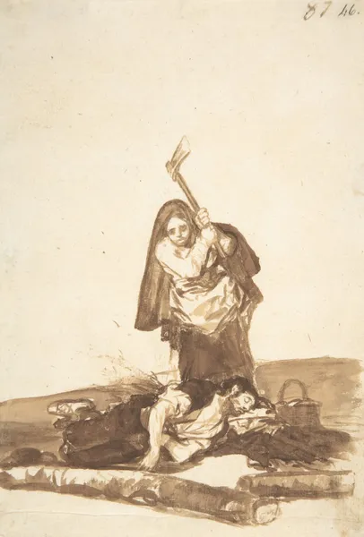 A woman about to attack a sleeping man with an axe av Francisco de Goya