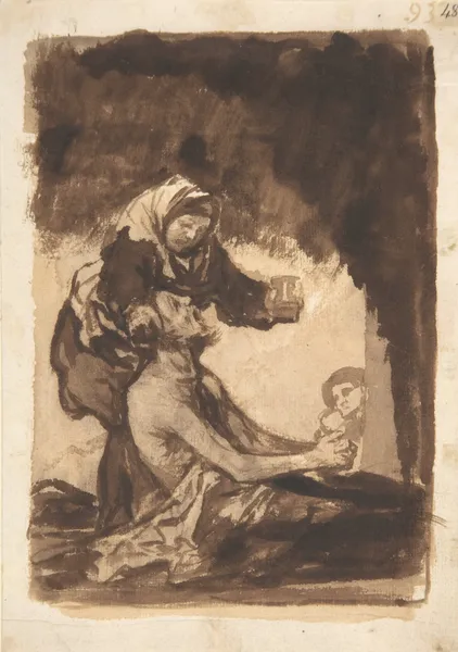 A woman giving a mug to an old man av Francisco de Goya