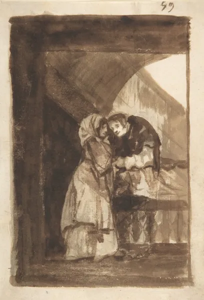 A woman talking to a priest in a covered archway av Francisco de Goya