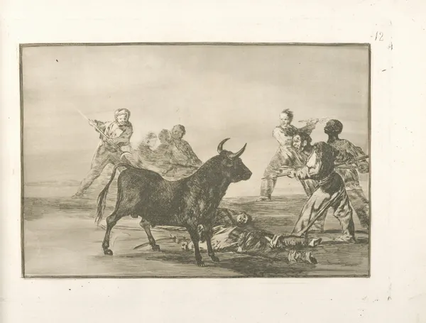 Desjarrete de la canalla con lanzas, medias-lunas, banderillas y otras armas av Francisco de Goya