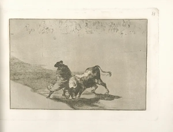 El diestrísimo estudiante de Falces, embozado burla al toro con sus quiebros av Francisco de Goya