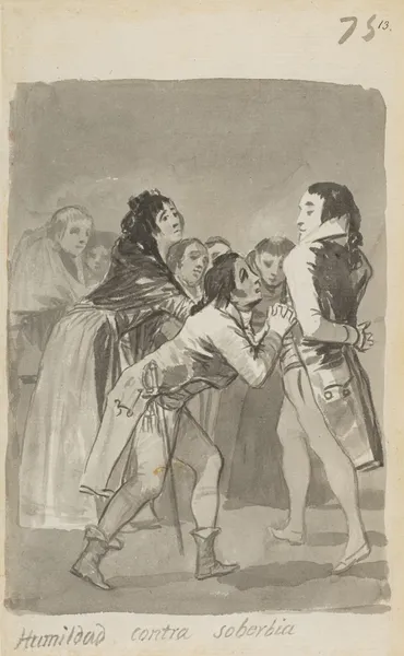 ‘Humility versus Pride’ a young man imploring an older man with other figures in front of them av Francisco de Goya