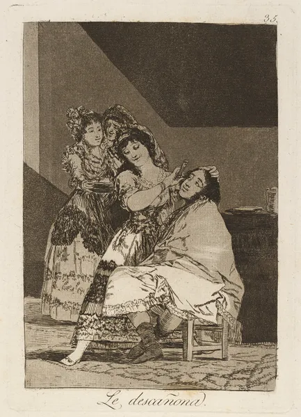 Le descañona. (She fleeces him.) av Francisco de Goya
