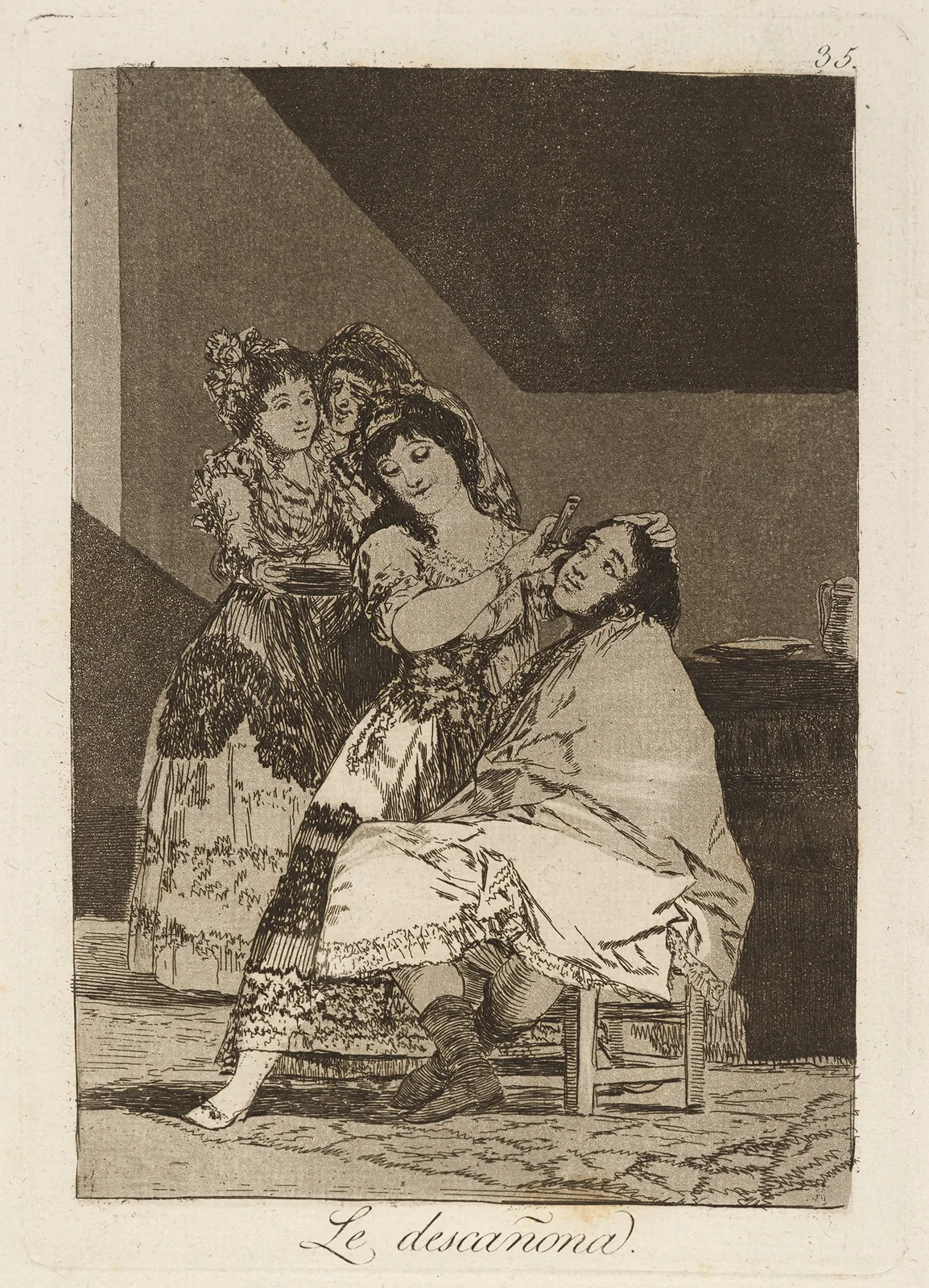Le descañona. (She fleeces him.) av Francisco de Goya