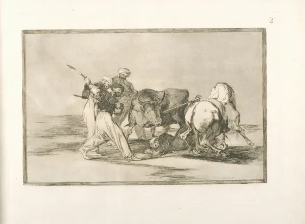 Los moros establecidos en España, prescindiendo de las supersticiones de su Alcorán, adoptaron esta caza y arte, y lancean un toro en el campo av Francisco de Goya