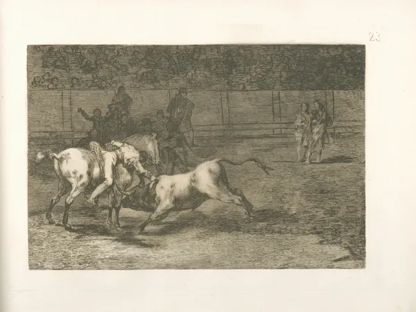Mariano Ceballos, alias el Indio, mata el toro desde su caballo av Francisco de Goya