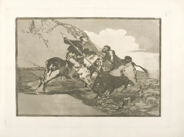 Modo con que los antiguos españoles cazaban los toros á caballo en el campo av Francisco de Goya
