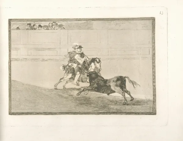 Un caballero español en plaza quebrando rejoncillos sin auxilio de los chulos av Francisco de Goya