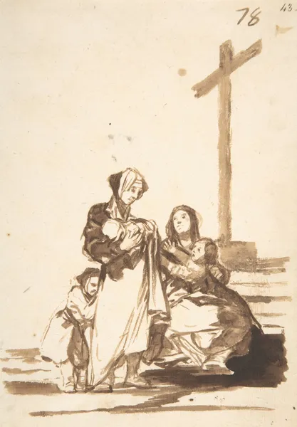 Women and children near a cross av Francisco de Goya
