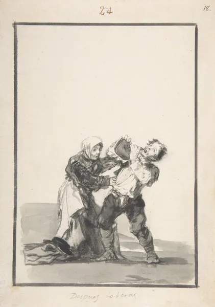 ‘You’ll See Later’; a man drinking, a woman trying to stop him av Francisco de Goya