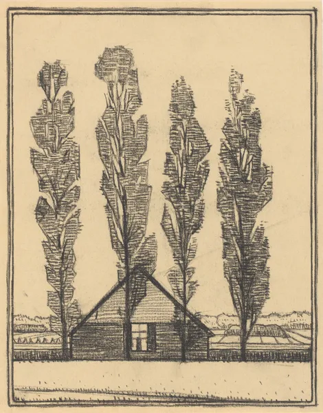 Four poplars in front of a house av Julie de Graag