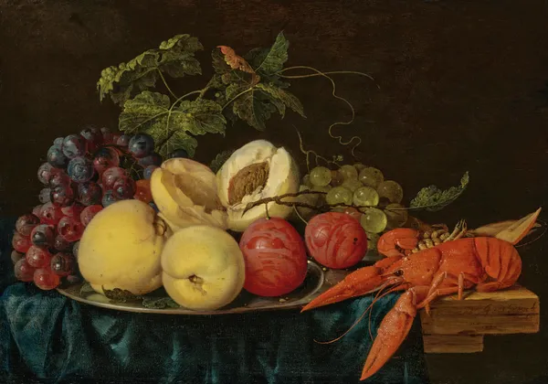 Fruit on a silver platter with lobsters on a partially draped table av Jan Davidsz de Heem