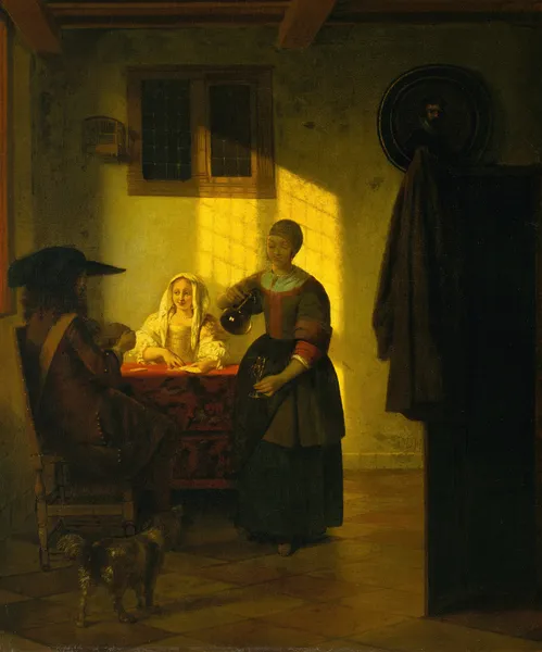 A Couple Playing Cards, with a Serving Woman av Pieter De Hooch