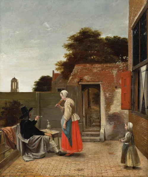A Man Smoking and a Woman Drinking in a Courtyard av Pieter De Hooch