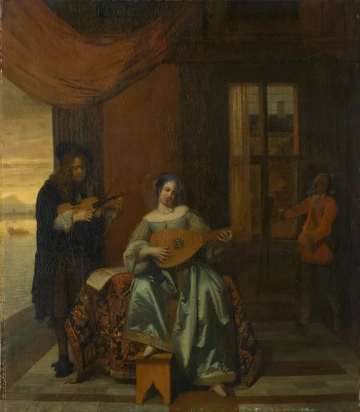 An interior scene with a woman playing a lute and a man playing a violin av Pieter De Hooch