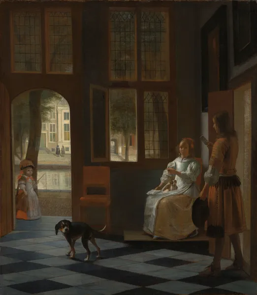 Man Handing a Letter to a Woman in the Entrance Hall of a House av Pieter De Hooch