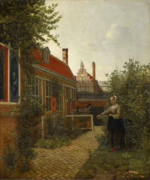 Woman with a Basket of Beans in a Kitchen Garden av Pieter De Hooch