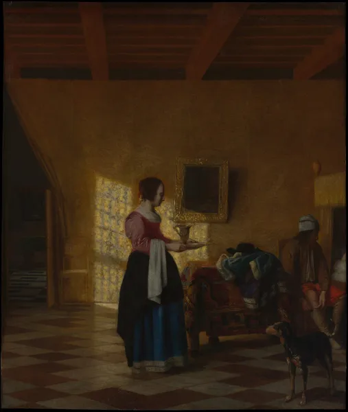 Woman with a Water Pitcher, and a Man by a Bed av Pieter De Hooch
