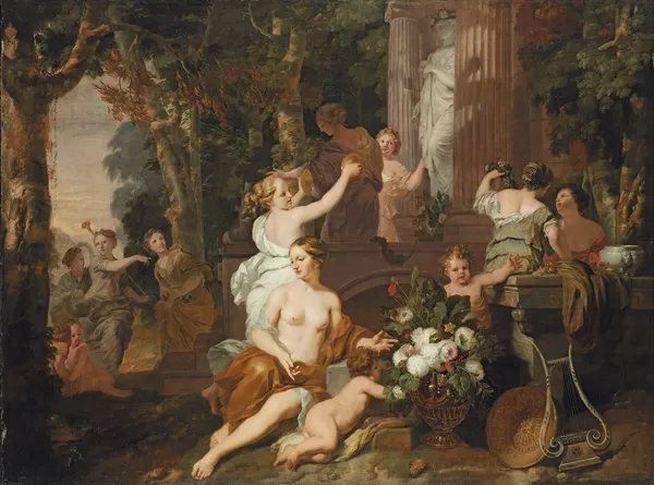 Nymphs And Bacchantes Paying Homage At The Temple Of Flora av Gerard de Lairesse