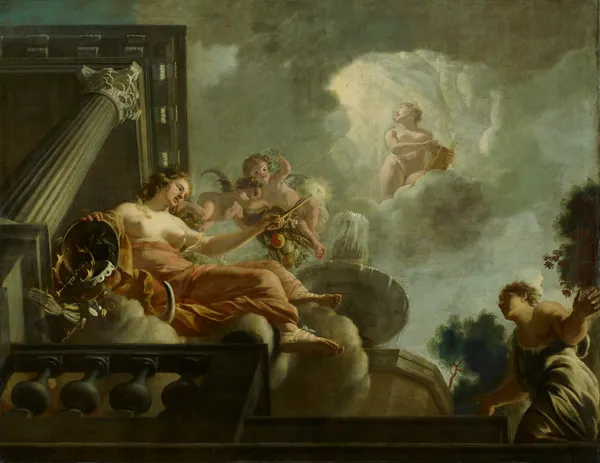 Religio begunstigt Abondantia ; Allegorische voorstelling van de verzorging van leprozen en onnozelen av Gerard de Lairesse