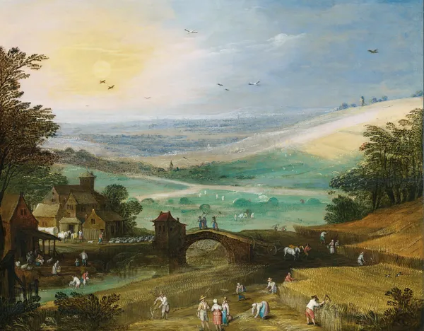 A Summer Landscape With Figures Bringing In The Harvest av Joos de Momper