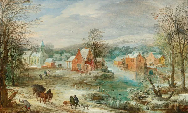 A winter landscape with a village and travellers on a path av Joos de Momper
