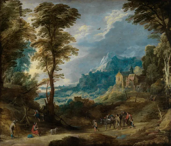 Gebirgslandschaft mit Pilgern und fahrendem Volk av Joos de Momper