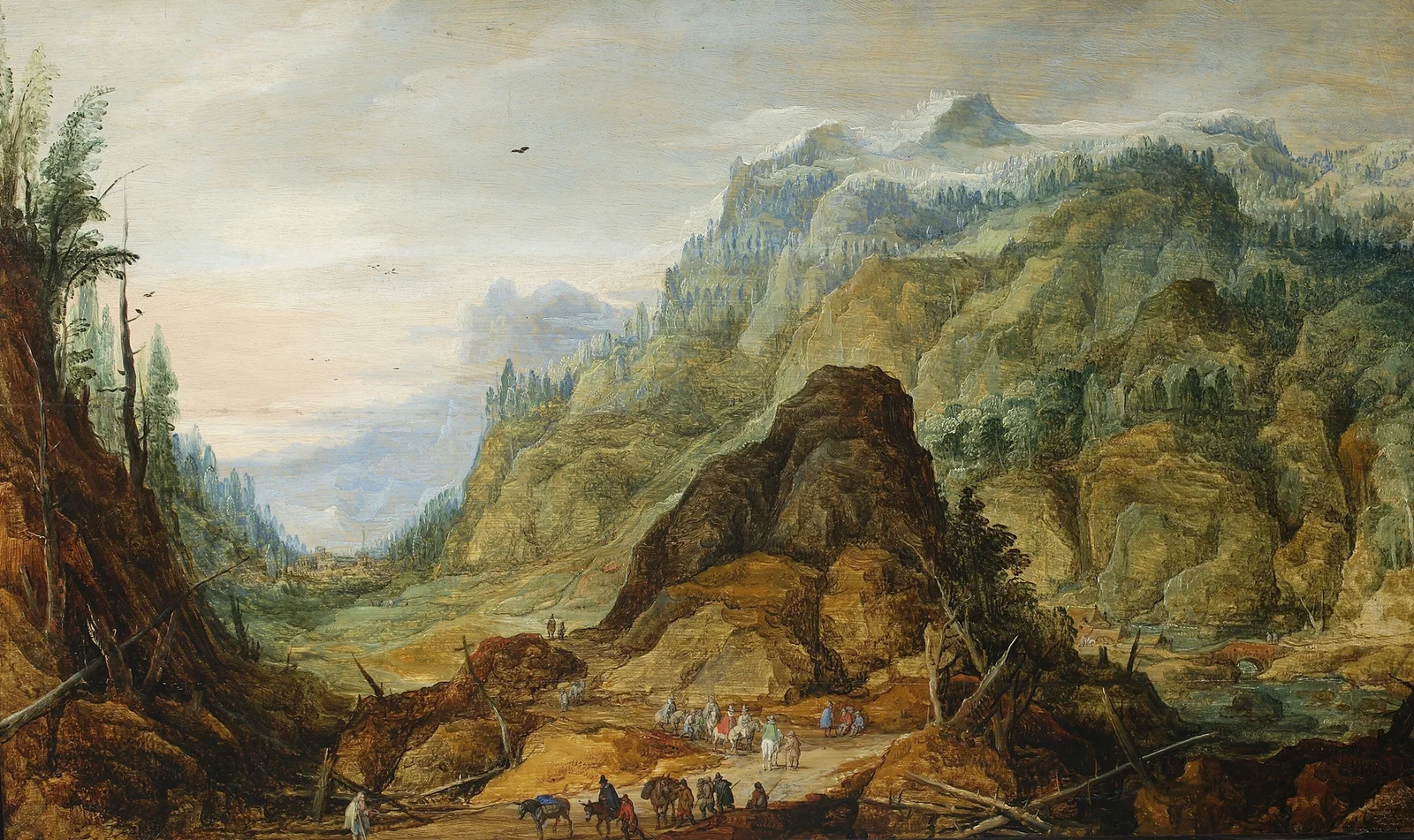 Mountain landscape with a caravan av Joos de Momper