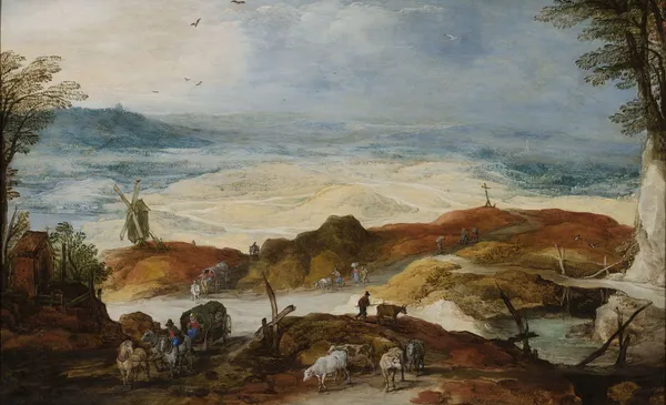 Sandy landscape with travellers and cattle av Joos de Momper