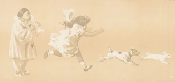 Girl chasing a dog who is chasing a rabbit while a clown looks on av Pal (Jean de Paleologue)