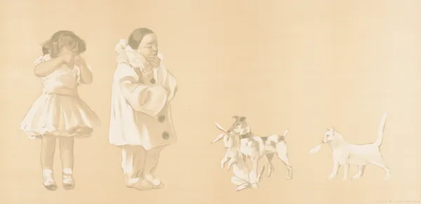 Girl crying, thoughtful clown looking down at the dog with rabbit in mouth av Pal (Jean de Paleologue)