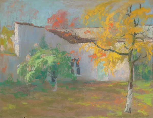 White house with trees (20th century) av Rodolphe De Saegher